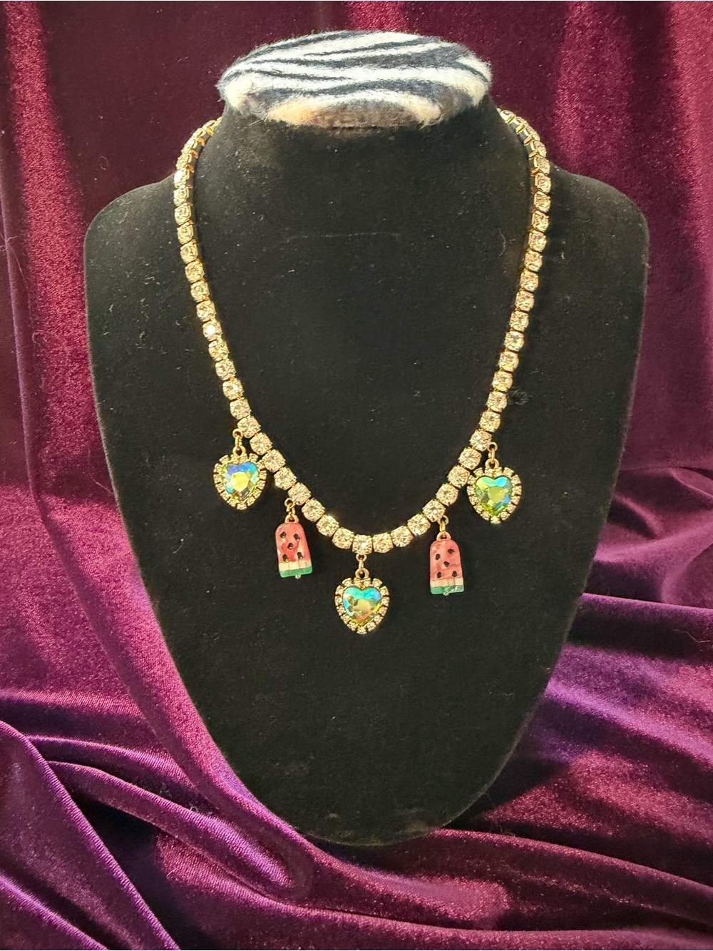 Betsey Johnson Watermelon Popsicle Necklace with A/B Hearts Charms Gold-Tone